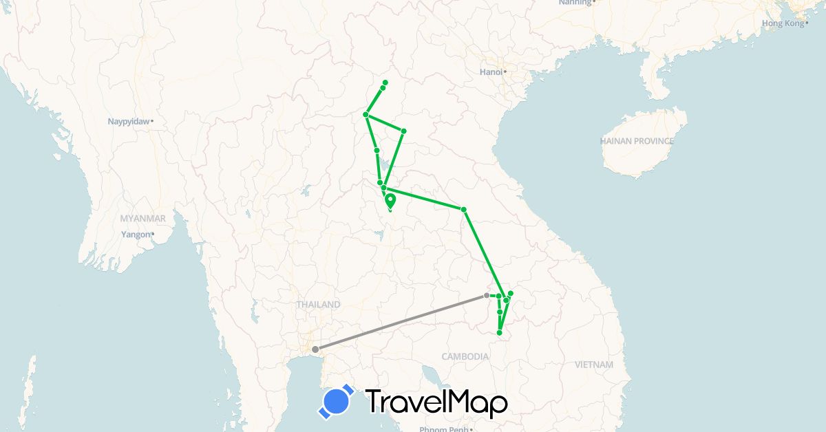 TravelMap itinerary: driving, bus, plane in Laos, Thailand (Asia)
